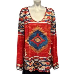 Womens 4XL Long‎ Sleeve Top Aztec Southwest Tribal Print V Neck